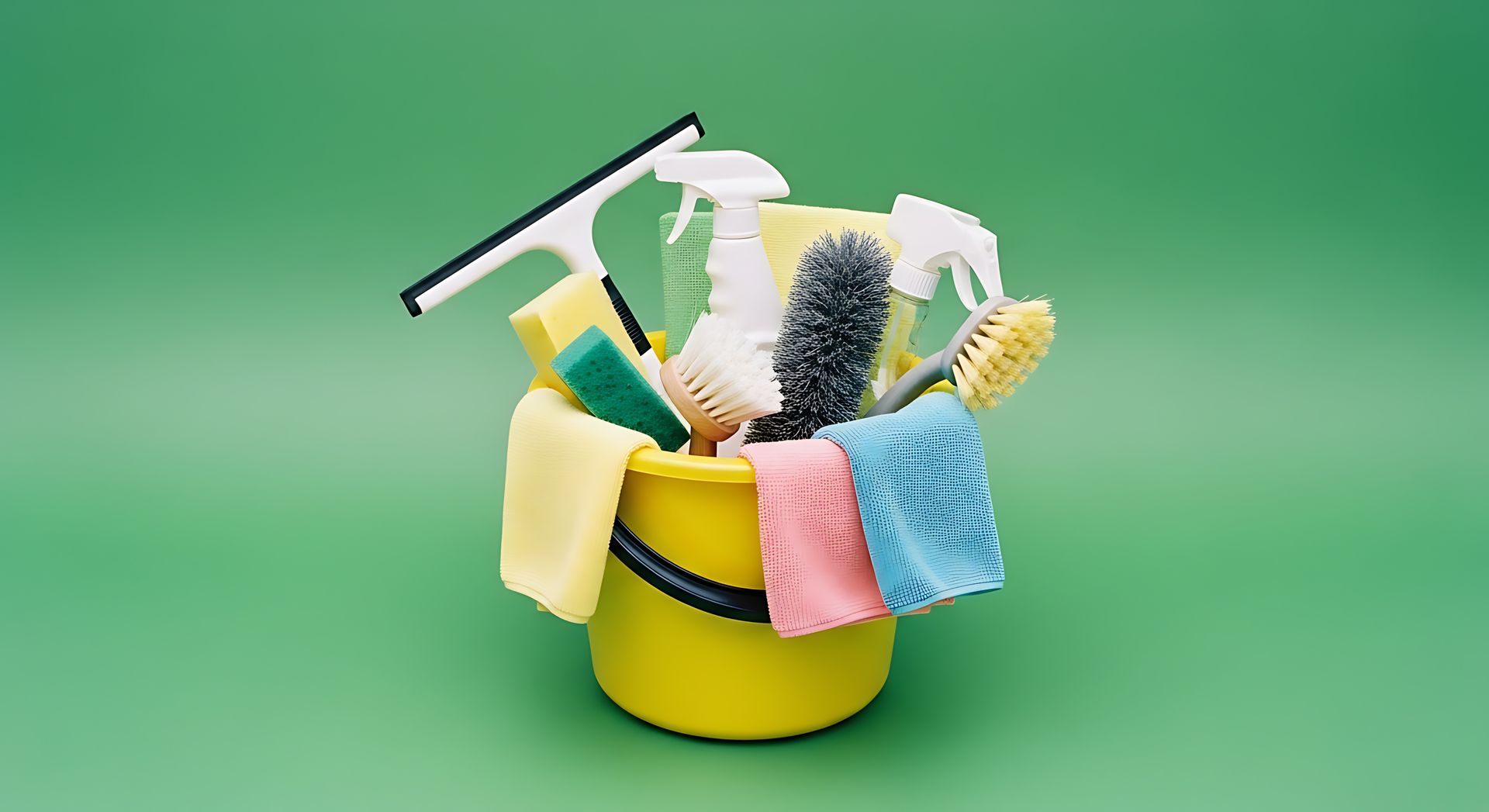 Un seau de nettoyage jaune rempli de divers produits de nettoyage, notamment une raclette, des éponges, des brosses et des chiffons.