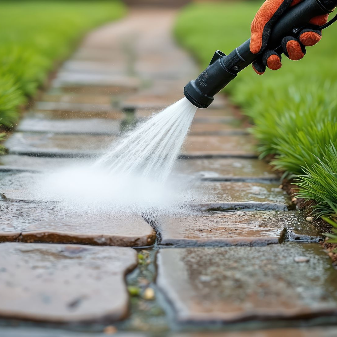 Une main gantée utilise un embout de tuyau d'arrosage pour nettoyer à haute pression une allée de pierres située entre des touffes d'herbe verte.