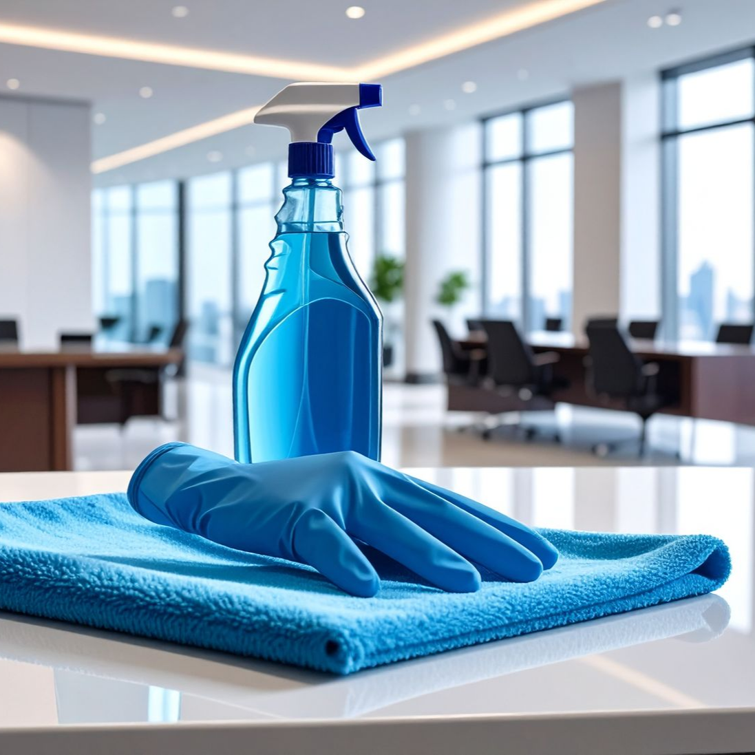 Sur un bureau blanc, dans un bureau moderne aux tons flous, se trouvent un flacon pulvérisateur bleu, un gant en caoutchouc et un chiffon en microfibre plié.