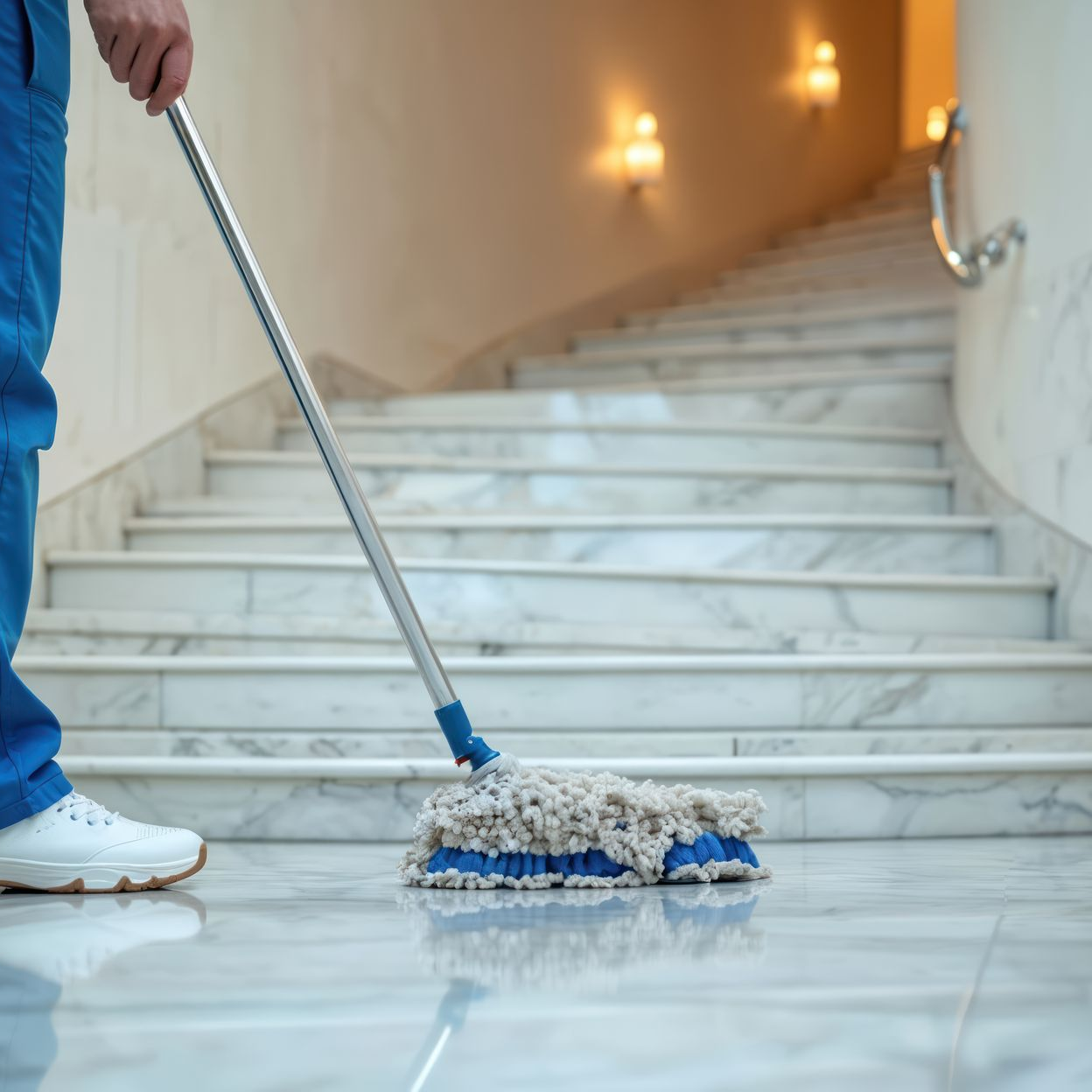 Une personne lave un escalier en marbre dans un couloir avec une serpillière bleue et blanche.