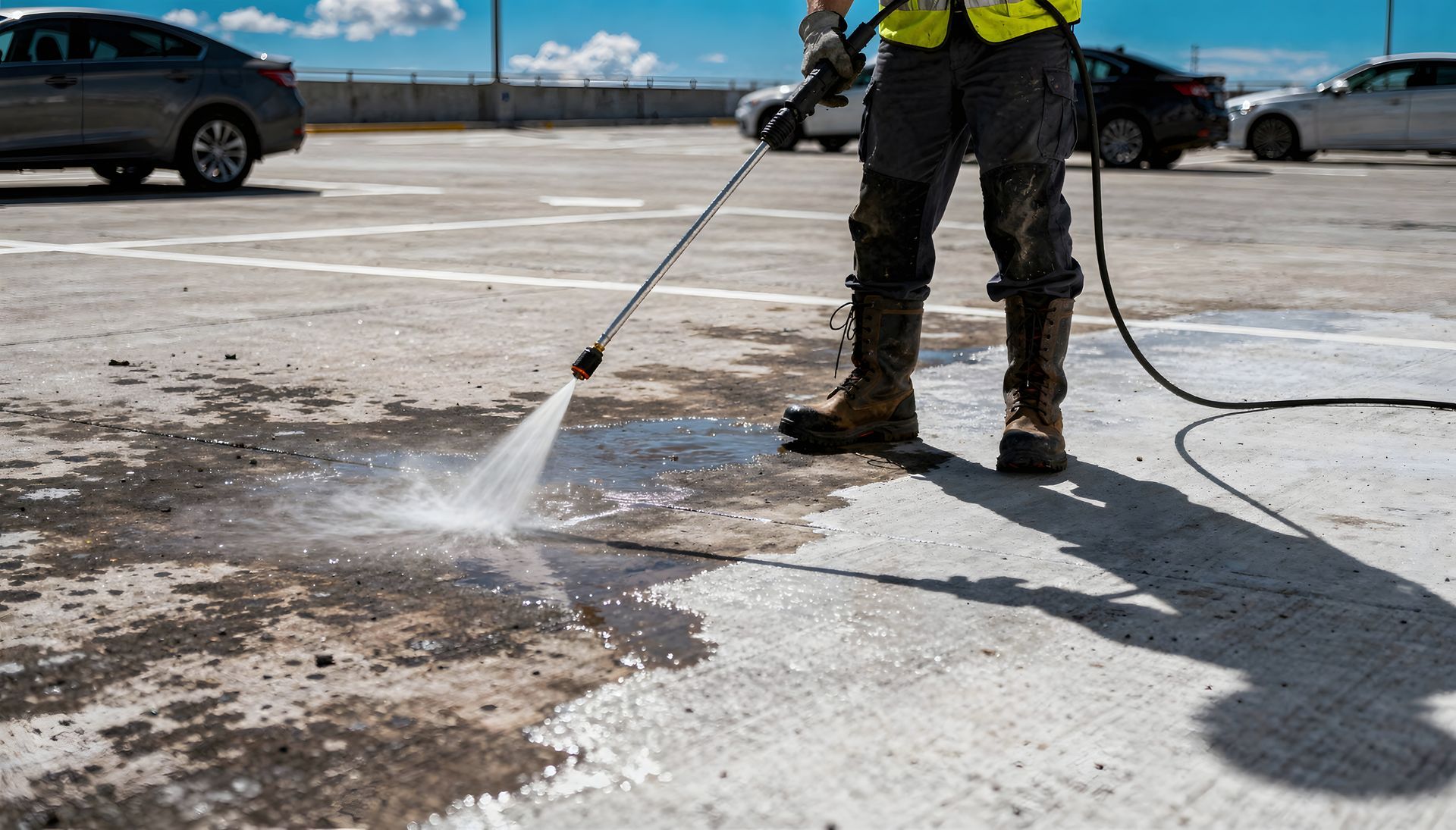 Un ouvrier utilise un nettoyeur haute pression pour nettoyer la surface en béton d'un parking par une journée ensoleillée.