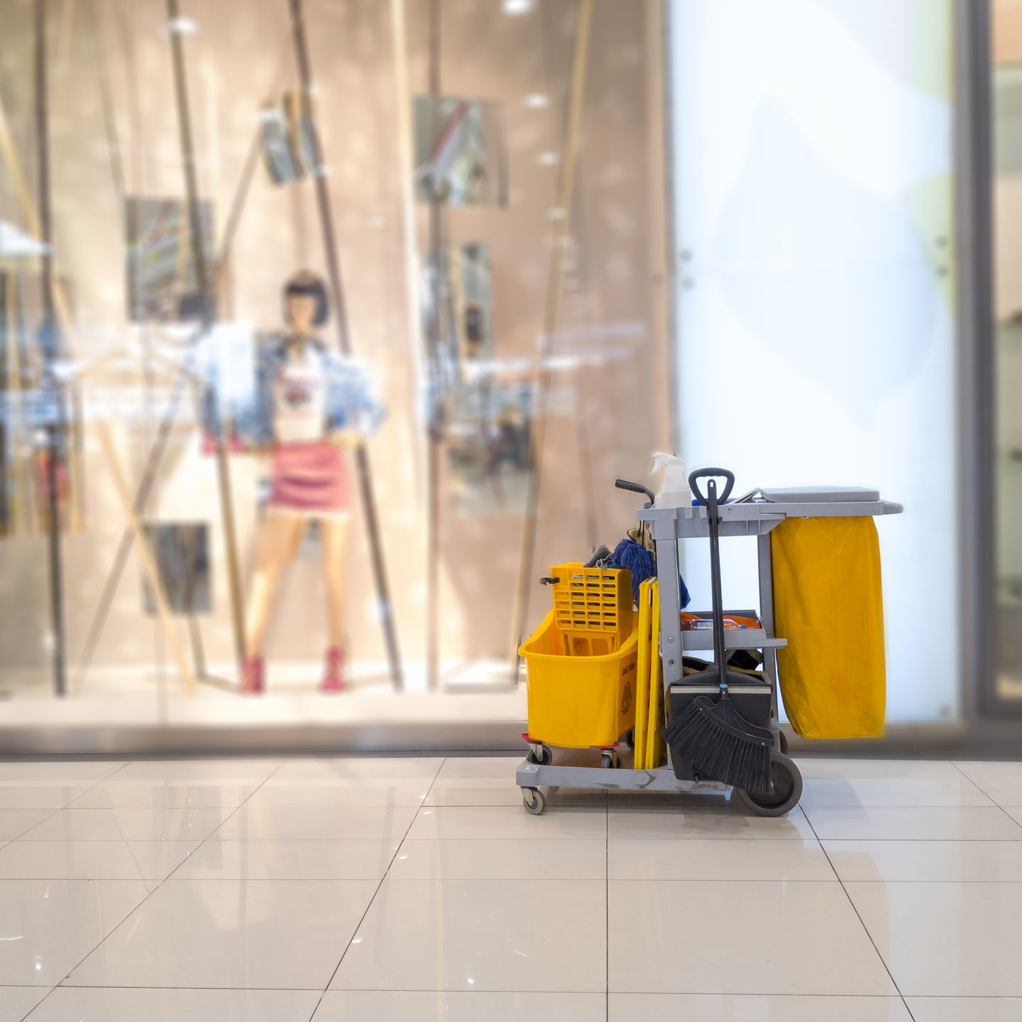 Un chariot de nettoyage jaune est posé sur un sol carrelé devant une vitrine floue.