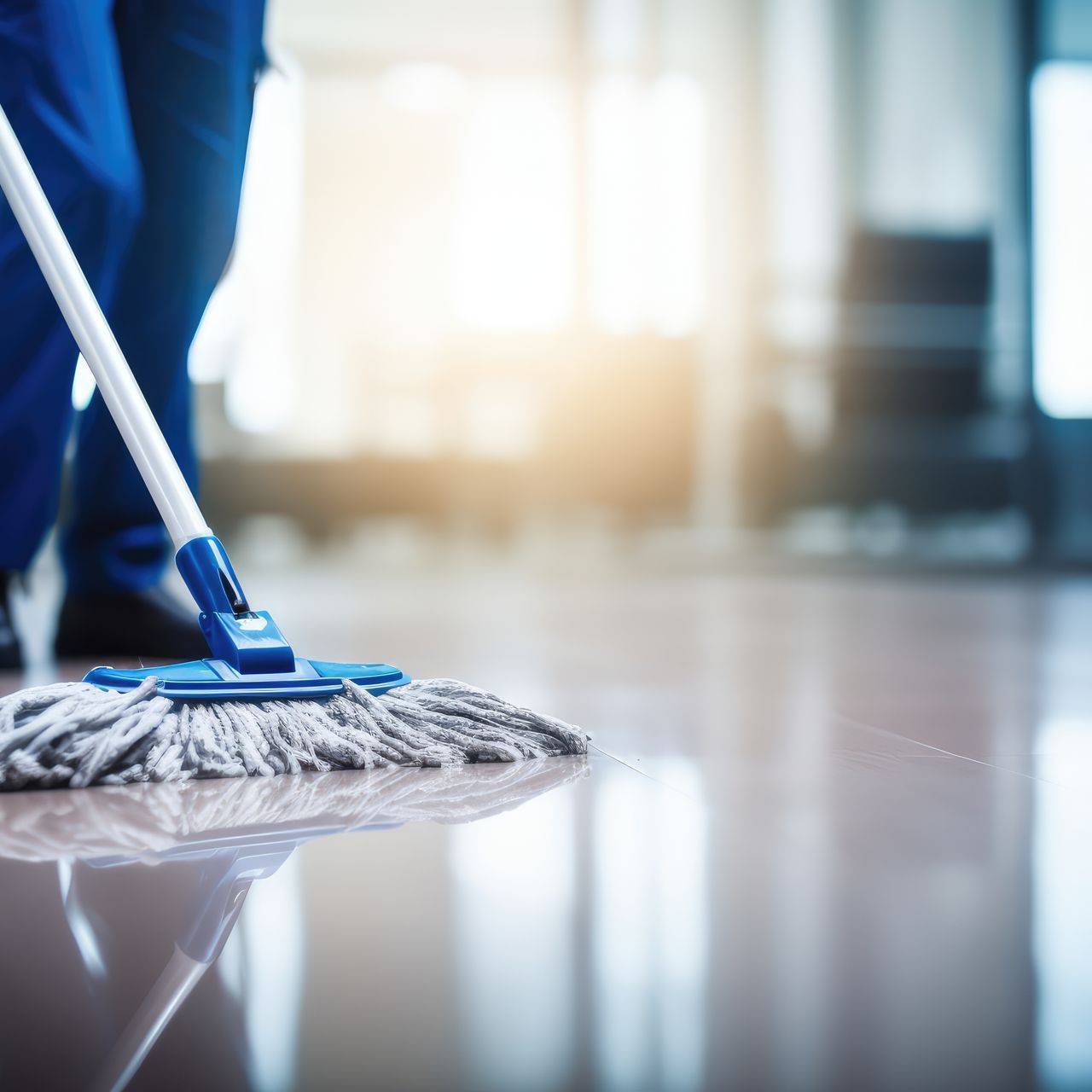 Dans un espace intérieur moderne et lumineux, une personne vêtue d'une tenue de travail bleue lave un sol propre et réfléchissant.