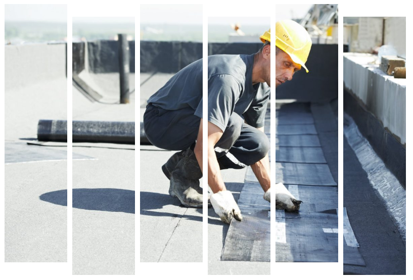 Un ouvrier du bâtiment pose une toiture sur un immeuble. L'homme, agenouillé, porte des gants et un casque de chantier et applique le matériau.