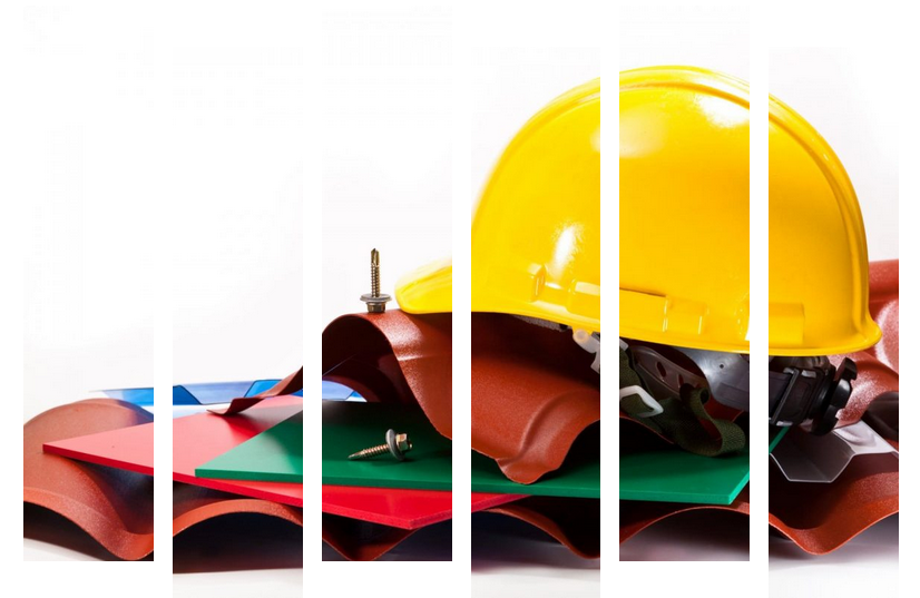 Équipement de sécurité pour les chantiers : casque de chantier jaune, matériaux de toiture en caoutchouc de différentes couleurs.