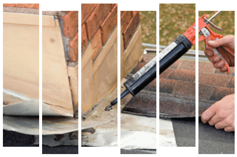 Réparation de toiture : application de mastic à la jonction entre la toiture et la cheminée en briques.