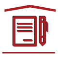 Icône représentant un document rouge et un stylo sous un toit, symbolisant les documents juridiques ou officiels.