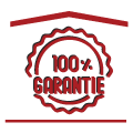 Sceau rouge portant la mention GARANTIE 100 % , attestant de la garantie. Au-dessus, un dessin de toit.