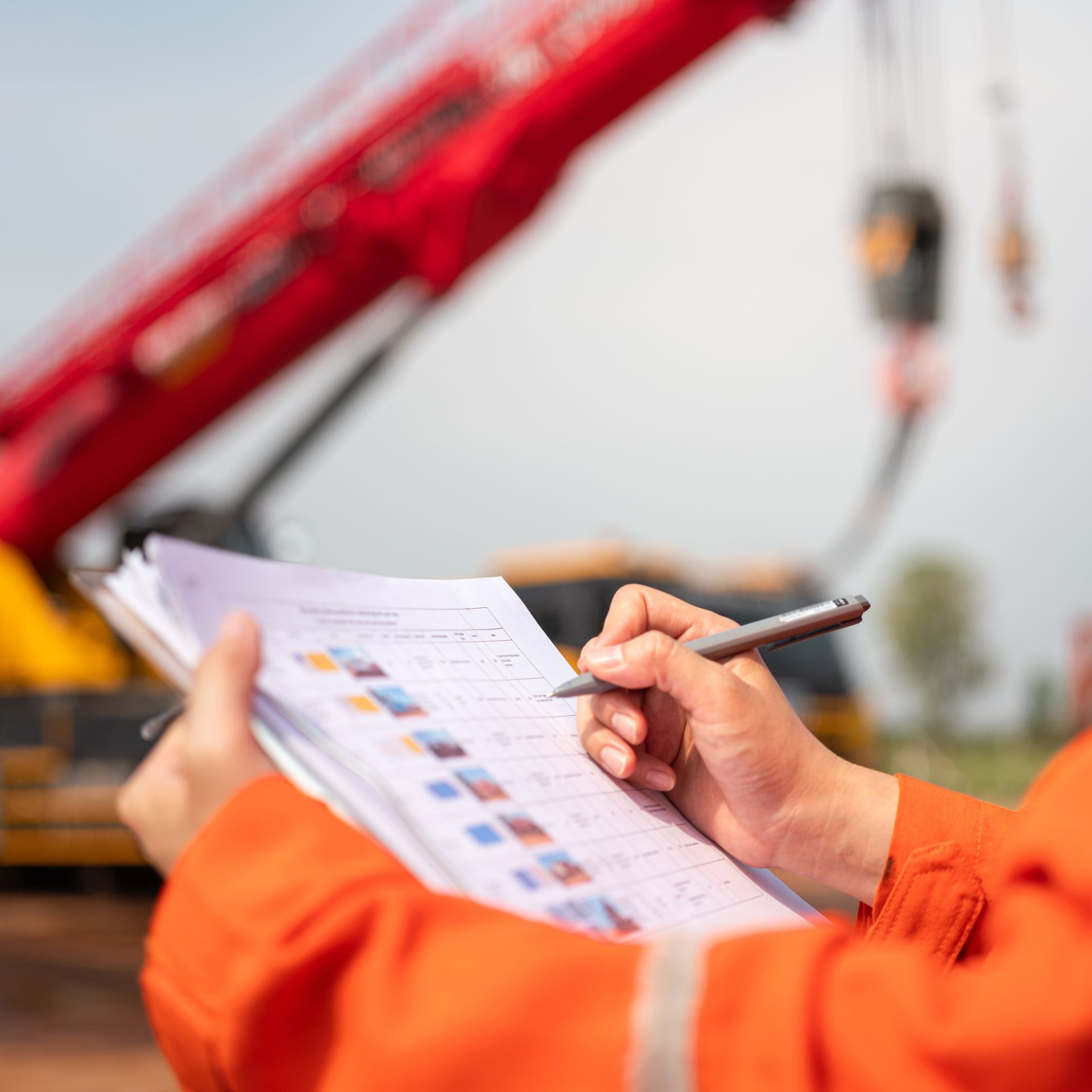 Person im orangefarbenen Overall macht sich Notizen, Kran im Hintergrund.