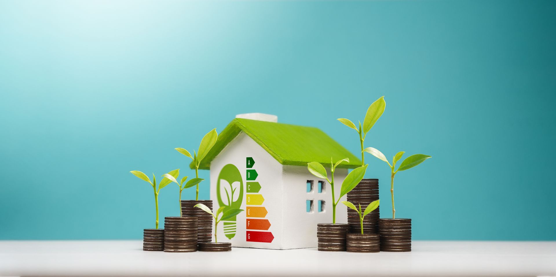 Ein Miniatur-Gewächshaus mit Glühbirne und Energieeffizienzlabel, umgeben von Münzstapeln und wachsenden Pflanzen.