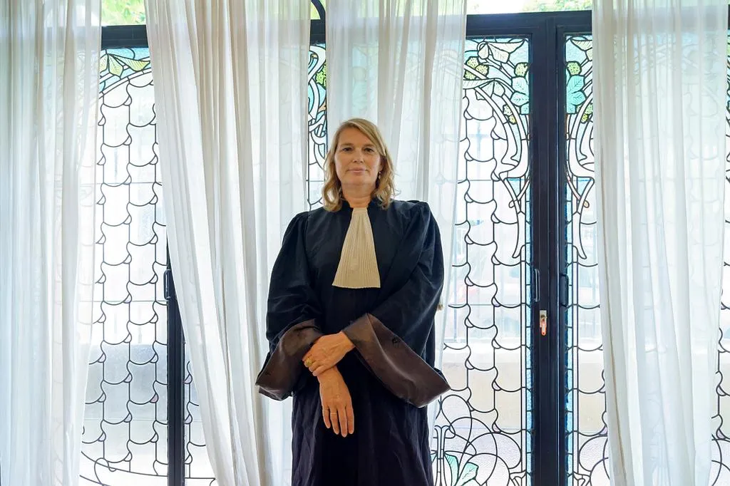Maître Cornevin-Collet, debout en robe d'avocat