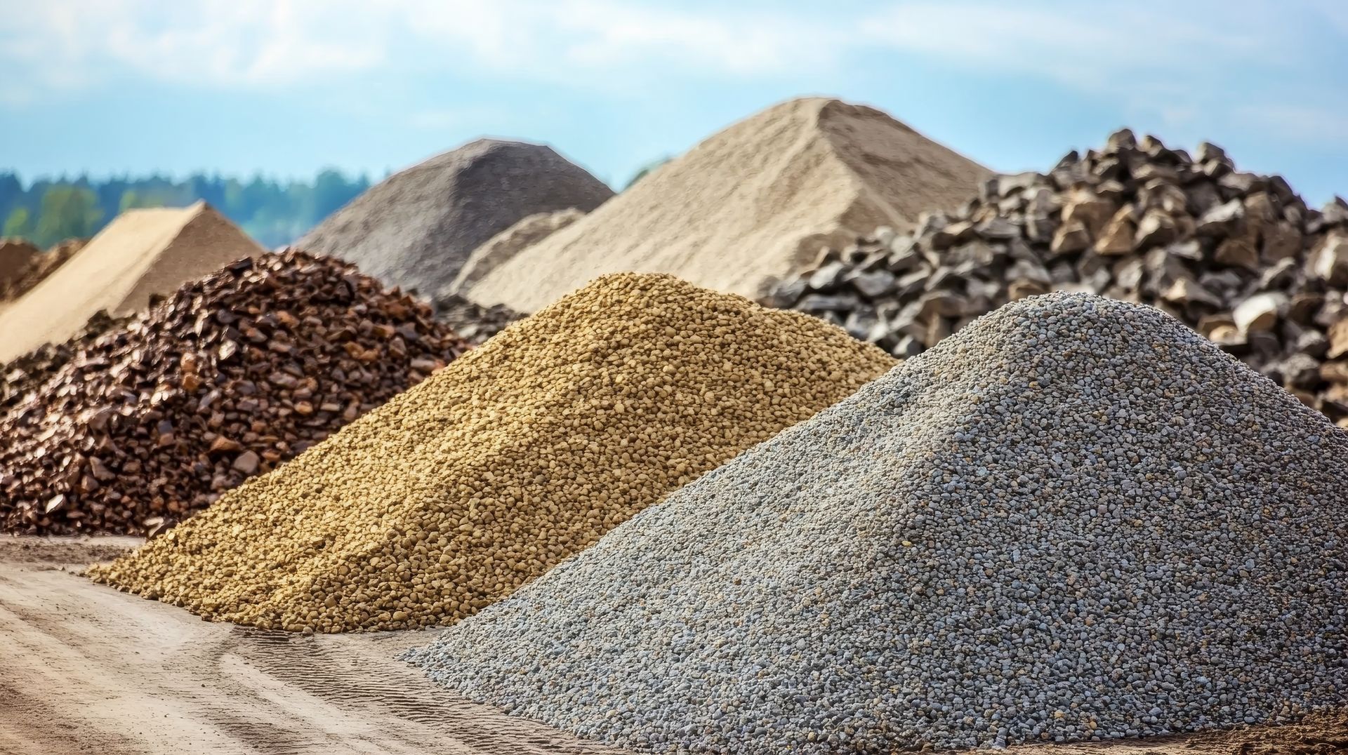 Plusieurs grands tas de différents types de matériaux de construction, notamment du sable, du gravier et des pierres concassées.