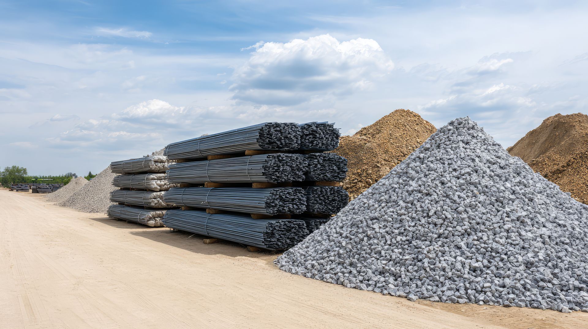 Des piles de barres d'armature métalliques côtoient de grands tas de gravier et de terre sur un chantier de construction en plein air.