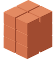 Un grand cube divisé en huit blocs plus petits et identiques, de couleur terre cuite.