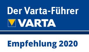 A blue and white sign that says der varta-führer empfehlung 2020 on it.