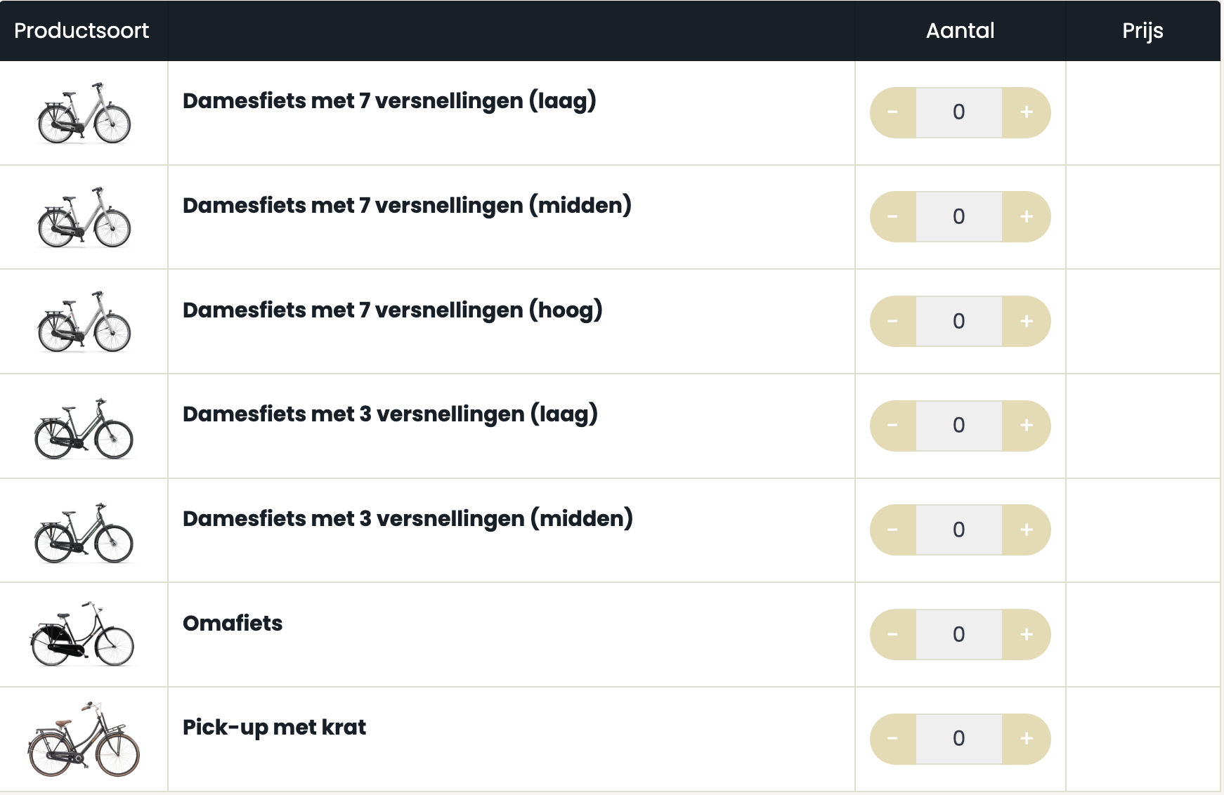 Lijst met opties voor fietsenstalling met pictogrammen en schakelaars in een mobiele app-interface.