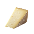 Un morceau triangulaire de fromage à pâte dure, jaune pâle, à croûte texturée et brunâtre, isolé sur fond blanc.