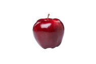 Une pomme rouge foncé et brillante, avec une petite tige brune, sur un fond blanc uni.