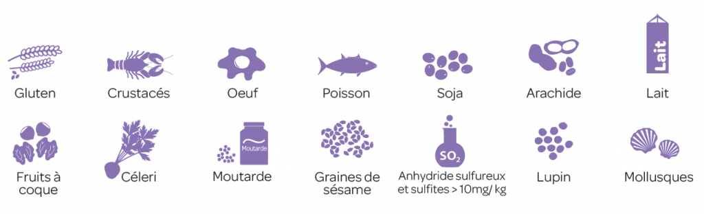 Une grille de 14 icônes violettes représentant les allergènes alimentaires courants, notamment le gluten, les produits laitiers, les noix, les fruits de mer et autres.