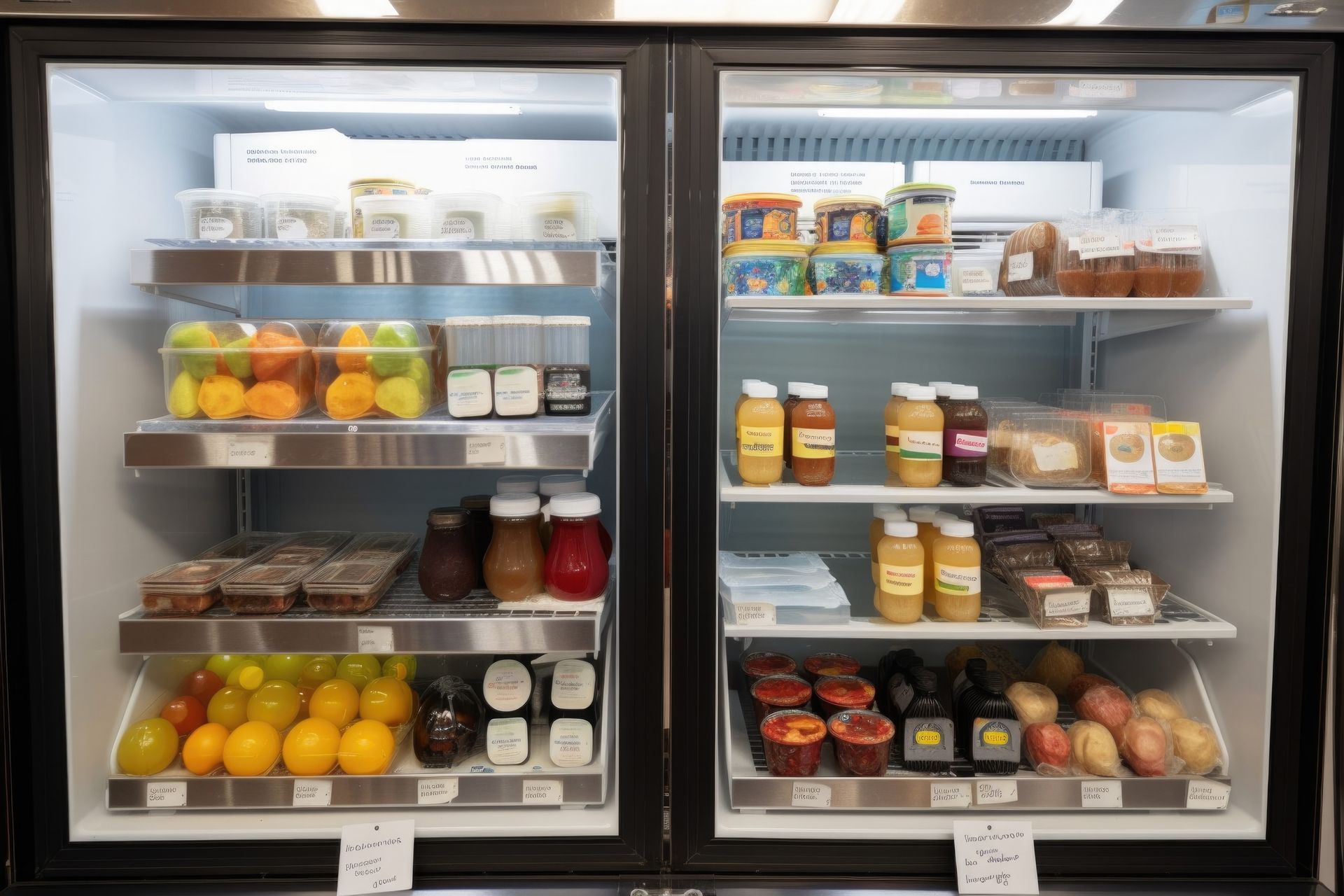 Vitrina refrigerada con frutas frescas, jugos y alimentos preparados.