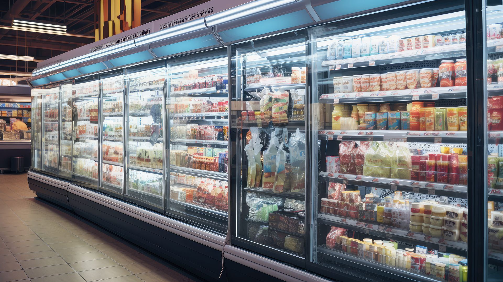 Exhibición de alimentos refrigerados en el pasillo de una tienda de comestibles lleno de productos envasados.