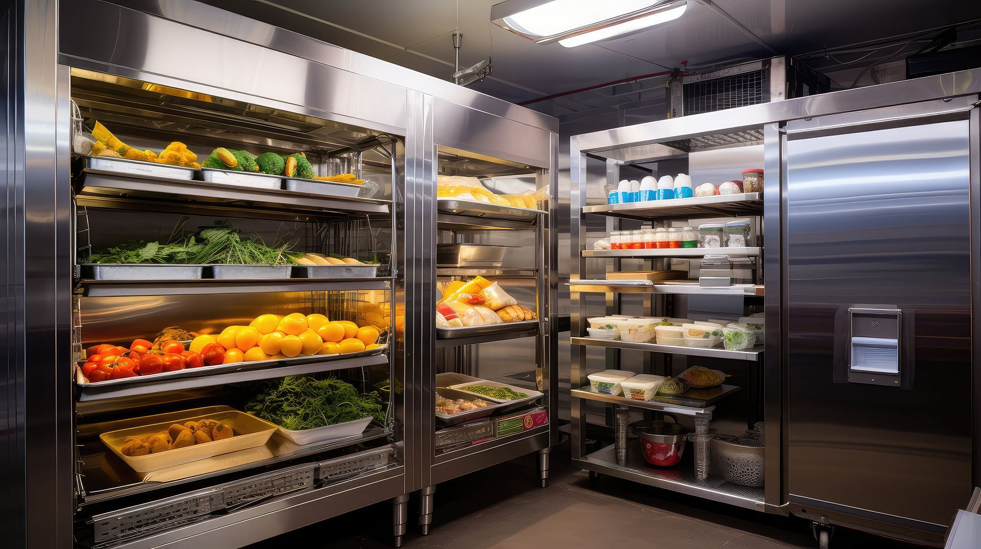 Un refrigerador de acero inoxidable lleno de productos frescos y otros alimentos.