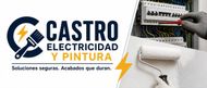 Logo de Castro Electricidad y Pintura con enchufe, rayo y rodillo de pintura en blanco y azul.