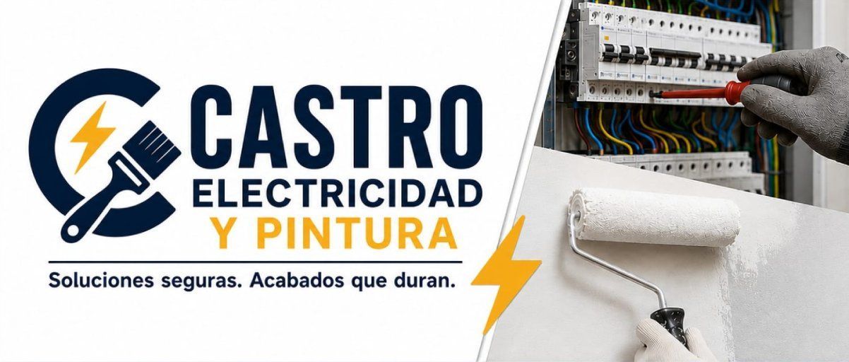 Logo de Castro Electricidad y Pintura con enchufe, rayo y rodillo de pintura en blanco y azul.