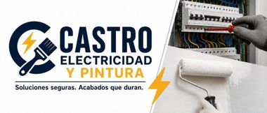 Logo de Castro Electricidad y Pintura con enchufe, rayo y rodillo de pintura en blanco y azul.