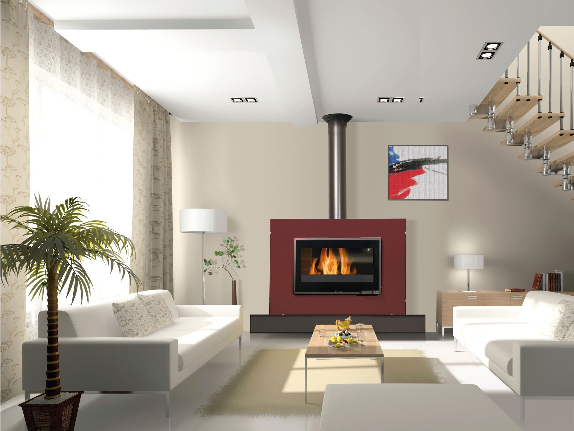 Salon moderne avec cheminée, canapés blancs, palmier et escalier en bois. Cheminée entourage rouge.