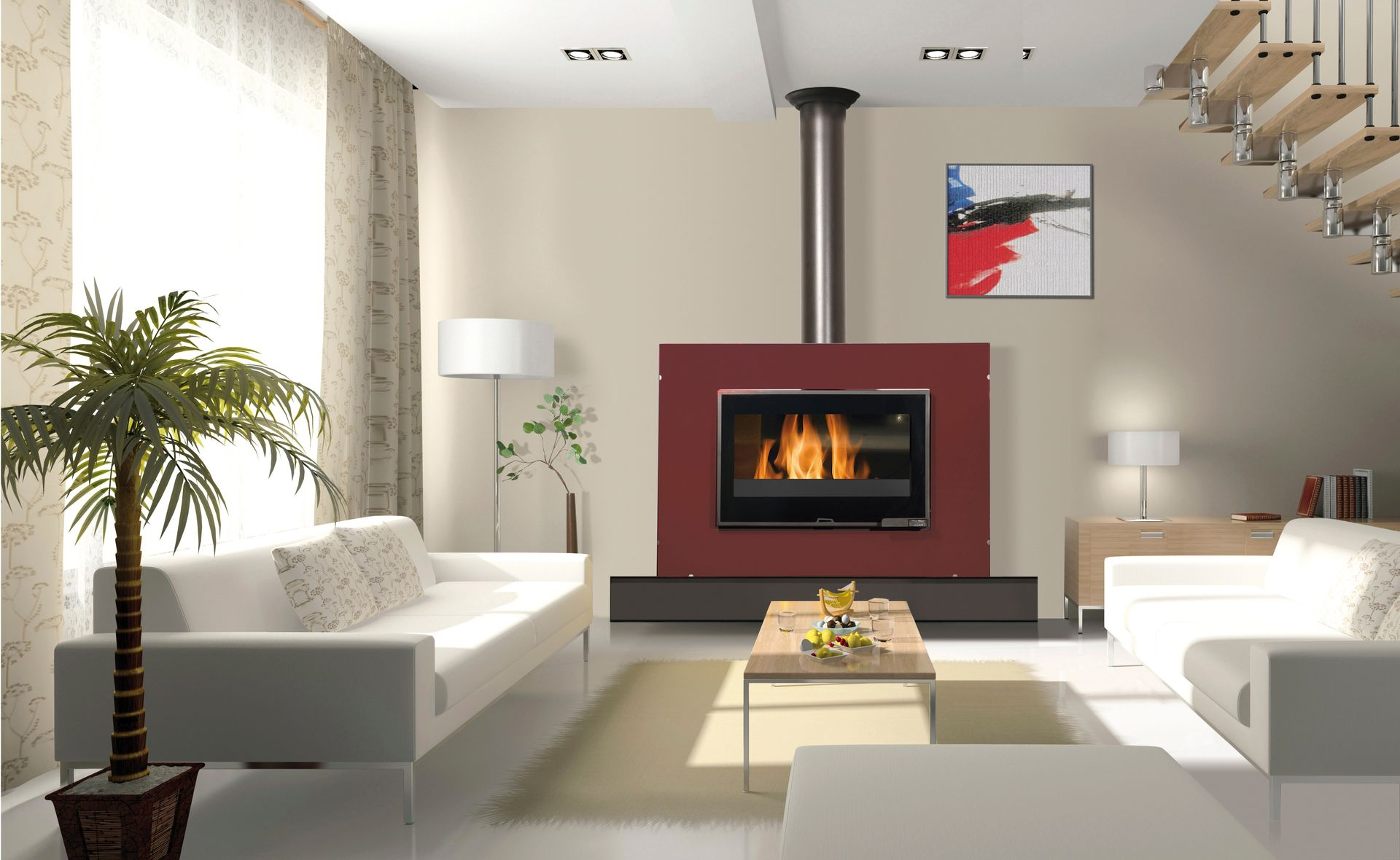 Salon moderne avec cheminée, canapés blancs, palmier et œuvres d'art.