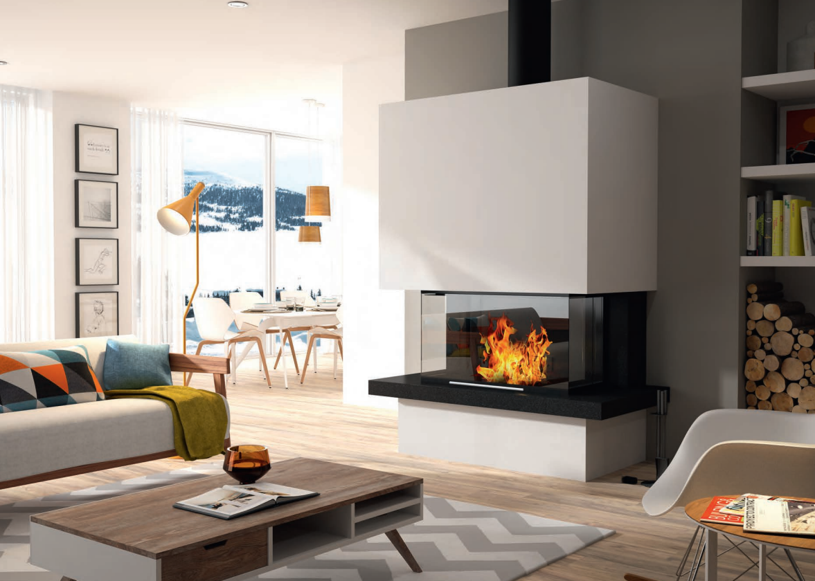 Salon moderne avec cheminée, art abstrait et mobilier contemporain. Murs gris.