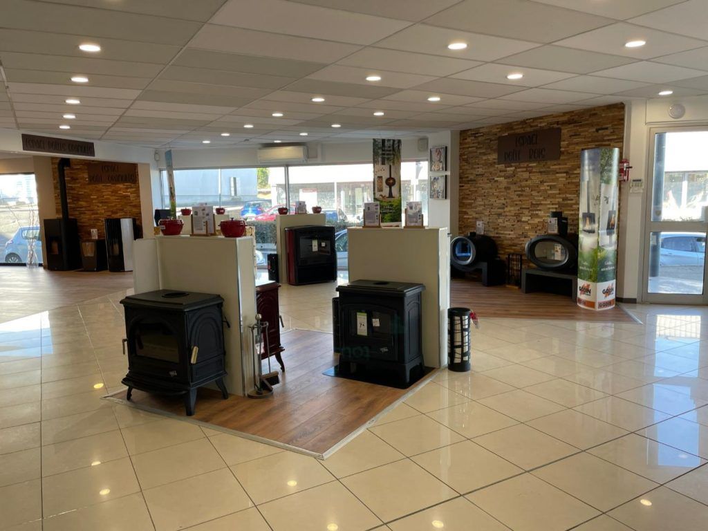 Intérieur d'une salle d'exposition présentant divers poêles à bois et cheminées.