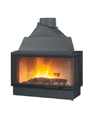 Cheminée avec des flammes rugissantes à l'intérieur, extérieur en métal noir et panneaux avant en verre.