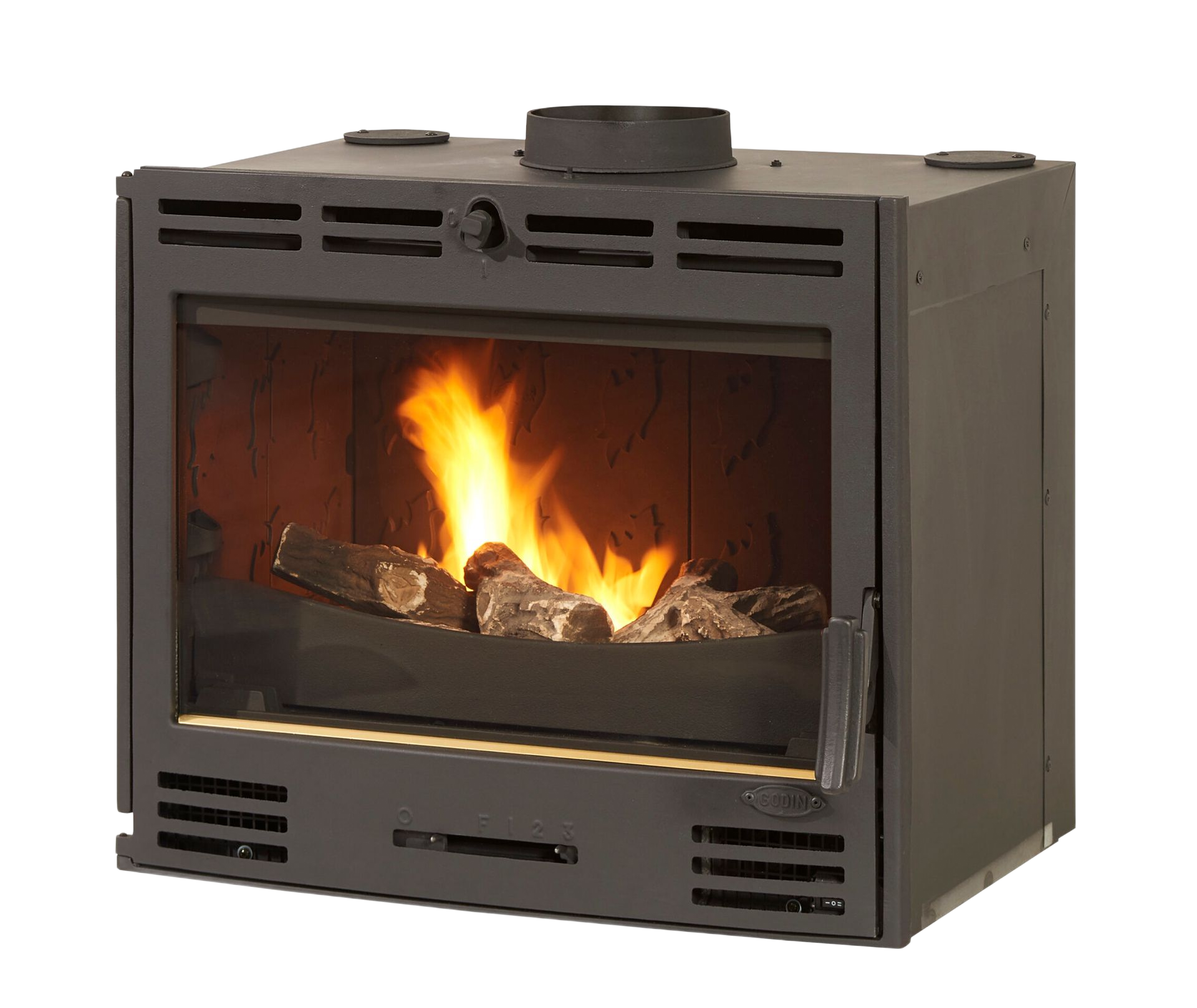 Cheminée avec flammes et bûches incandescentes à l'intérieur, cadre en métal, fentes d'aération.