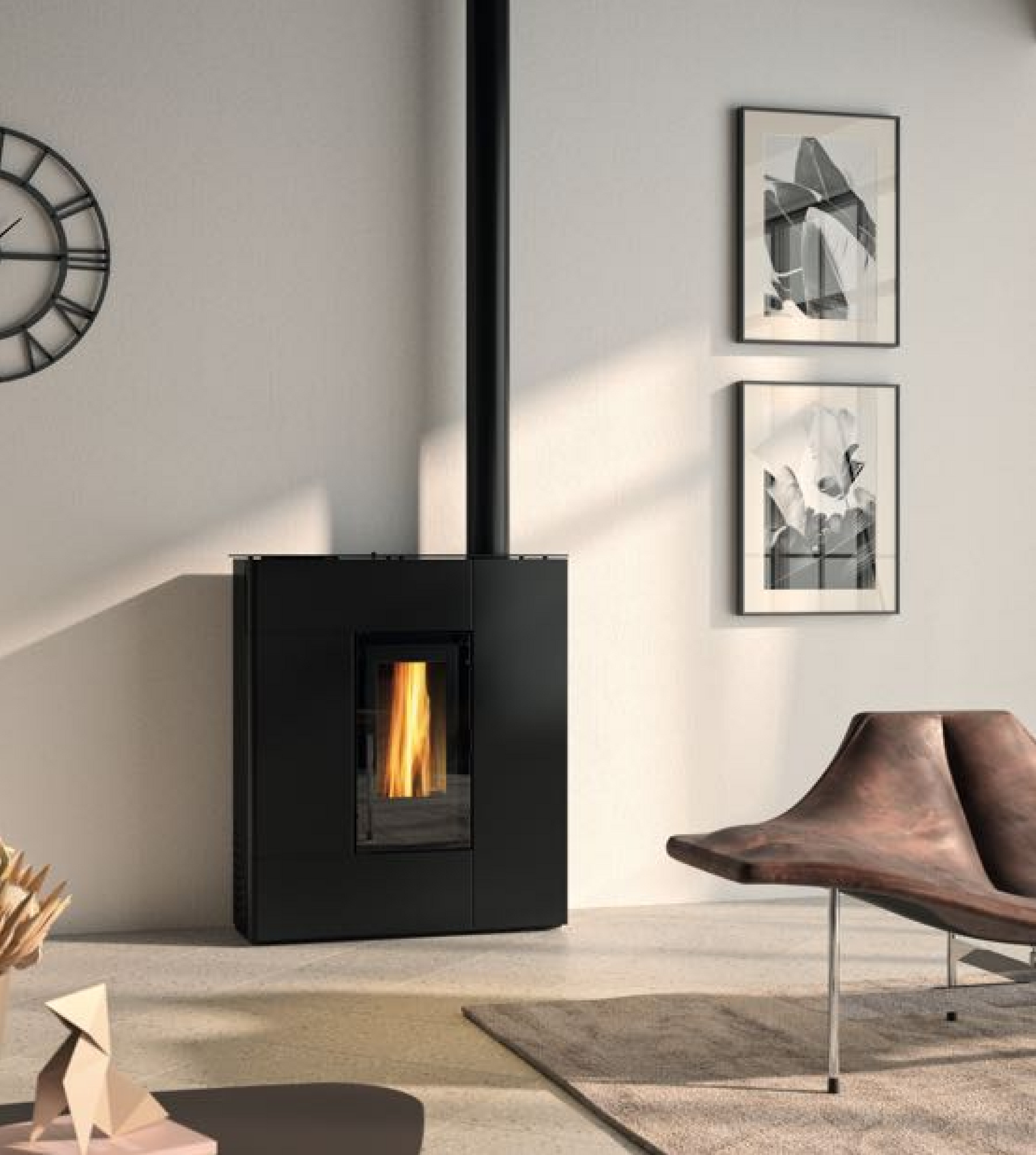 Poêle à granulés noirs avec flammes dans un salon moderne, avec cheminée, œuvres d'art et fauteuil.