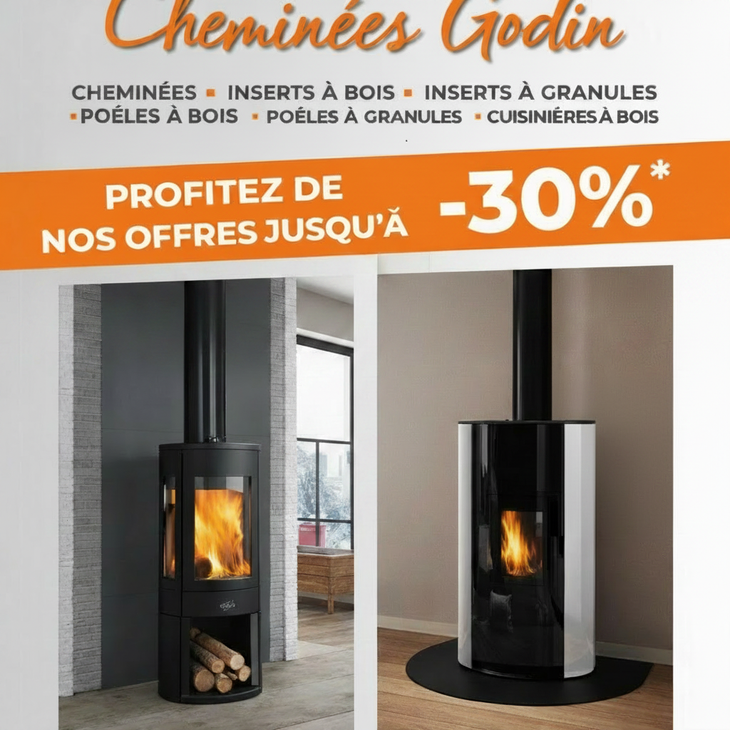 Intérieur d'une salle d'exposition présentant divers foyers et poêles, avec de grandes fenêtres donnant sur un parking.