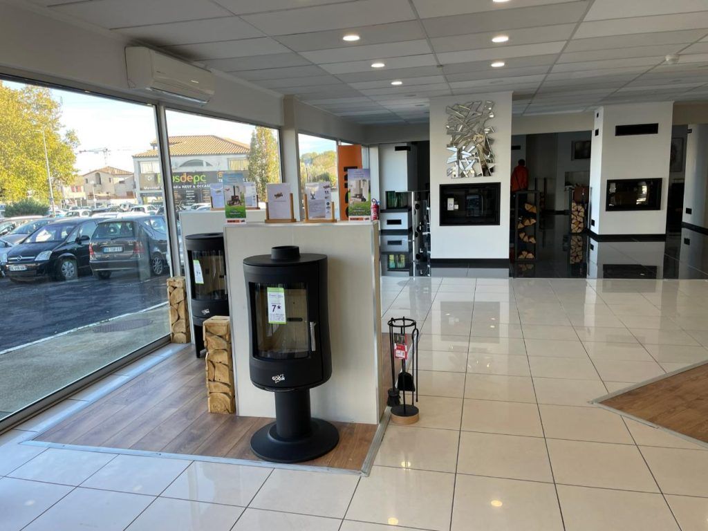 Intérieur d'une salle d'exposition présentant divers foyers et poêles, avec de grandes fenêtres donnant sur un parking.