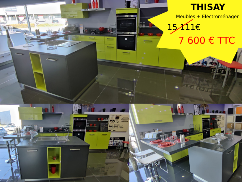 Cuisine témoin avec meubles gris et vert citron, îlot central et électroménager. Prix de vente : 7 600 €.