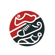 Logotipo circular rojo y negro con contorno blanco de zapato y figura.
