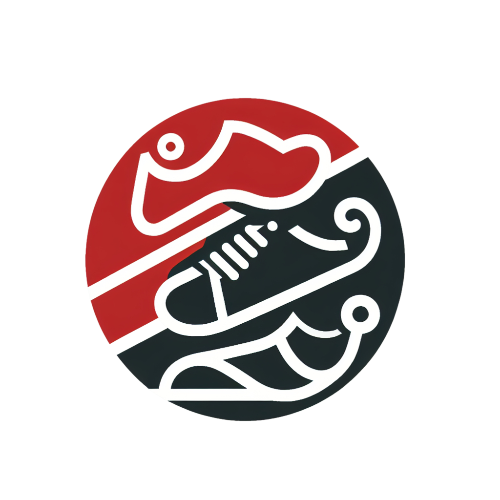 Logotipo circular rojo y negro con contorno blanco de zapato y figura.