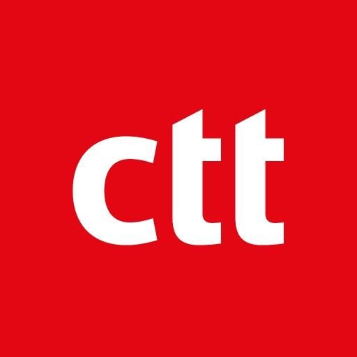 Un logotipo ctt blanco sobre un fondo rojo