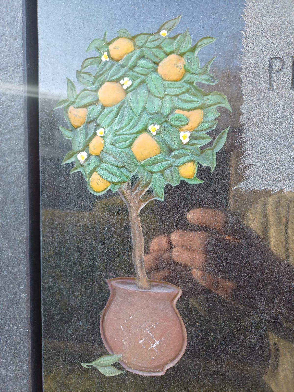 Ein Gemälde eines Orangenbaums in einem Topf