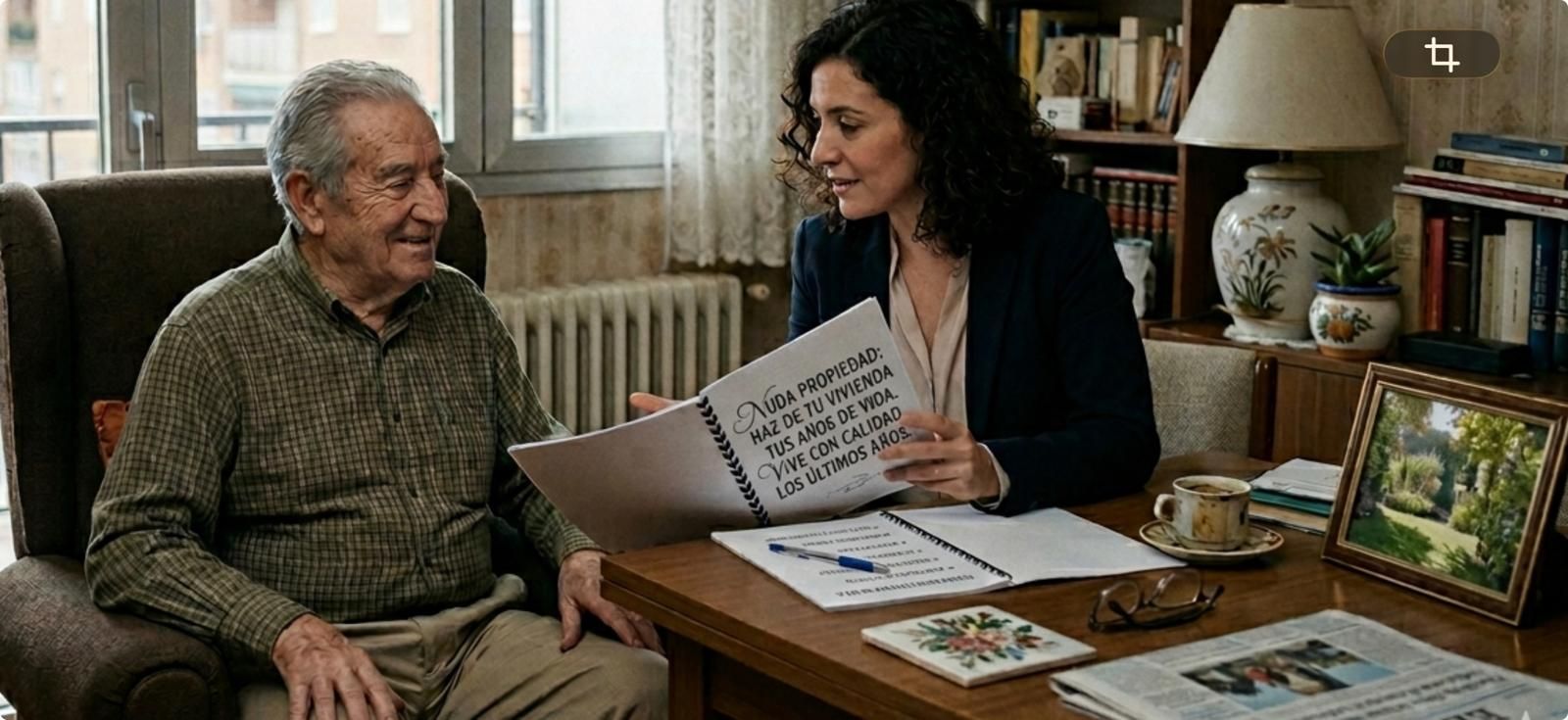 Dos personas revisan documentos en un escritorio en una acogedora sala de estar, con estanterías y fotos enmarcadas cerca.