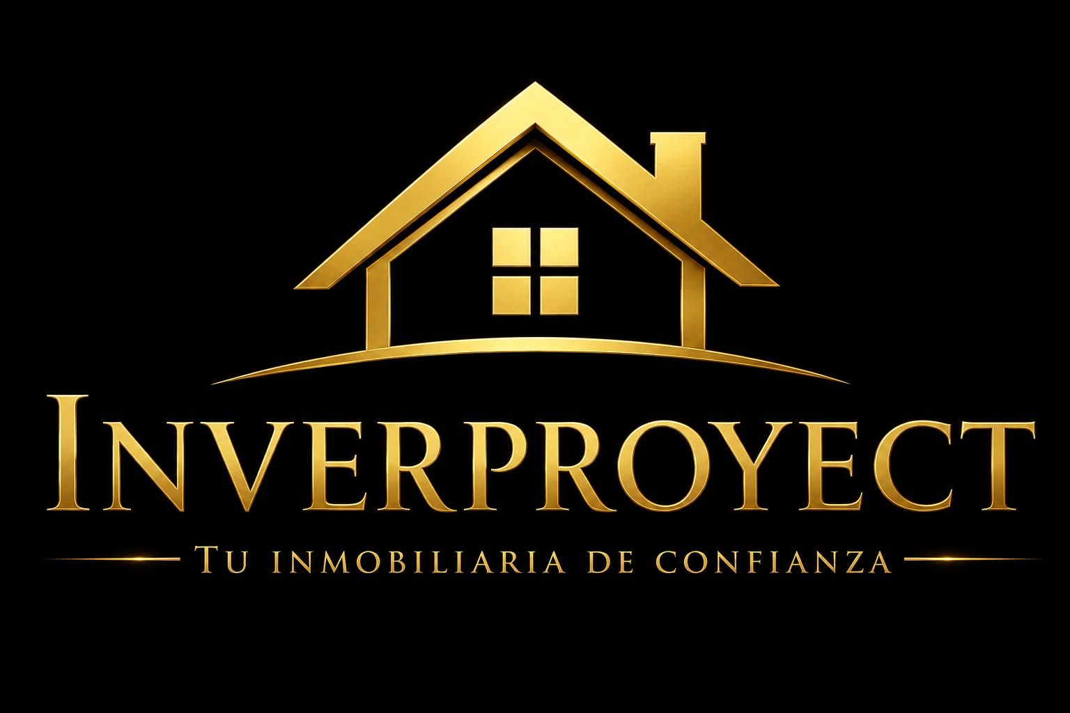 Logotipo de la inmobiliaria Inverproyect con un icono de una casa de cobre y un eslogan sobre un fondo negro.