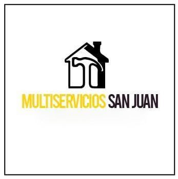 Logotipo para Multiservicios San Juan con un ícono de casa y herramienta, texto amarillo sobre fondo blanco.