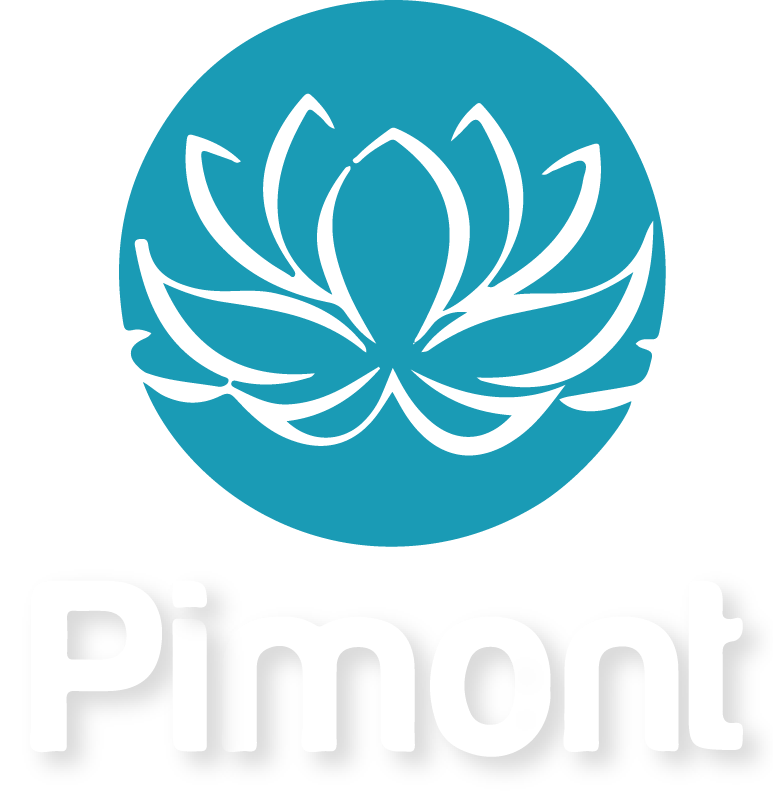 Logo Pimont avec un cercle turquoise et une fleur de lotus blanche au-dessus du mot &laquo;Pimont&raquo;