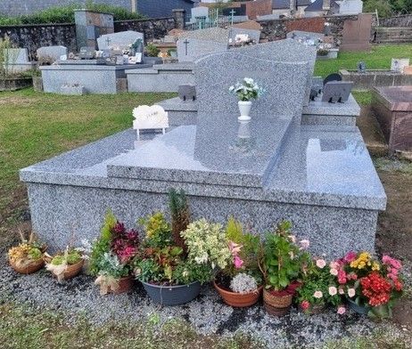 Monument funéraire en granit orné de fleurs et de plantes en pot dans un cimetière.