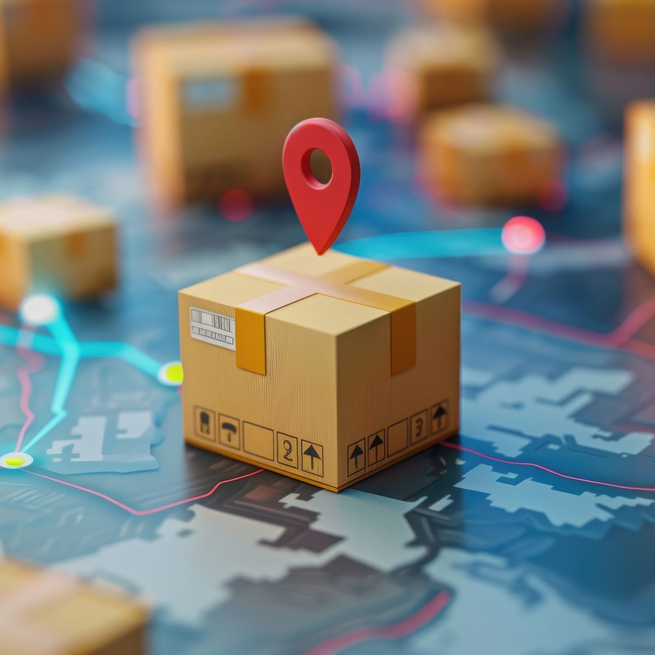 Boîte en carton avec un marqueur de localisation sur une carte, entourée de colis flous.