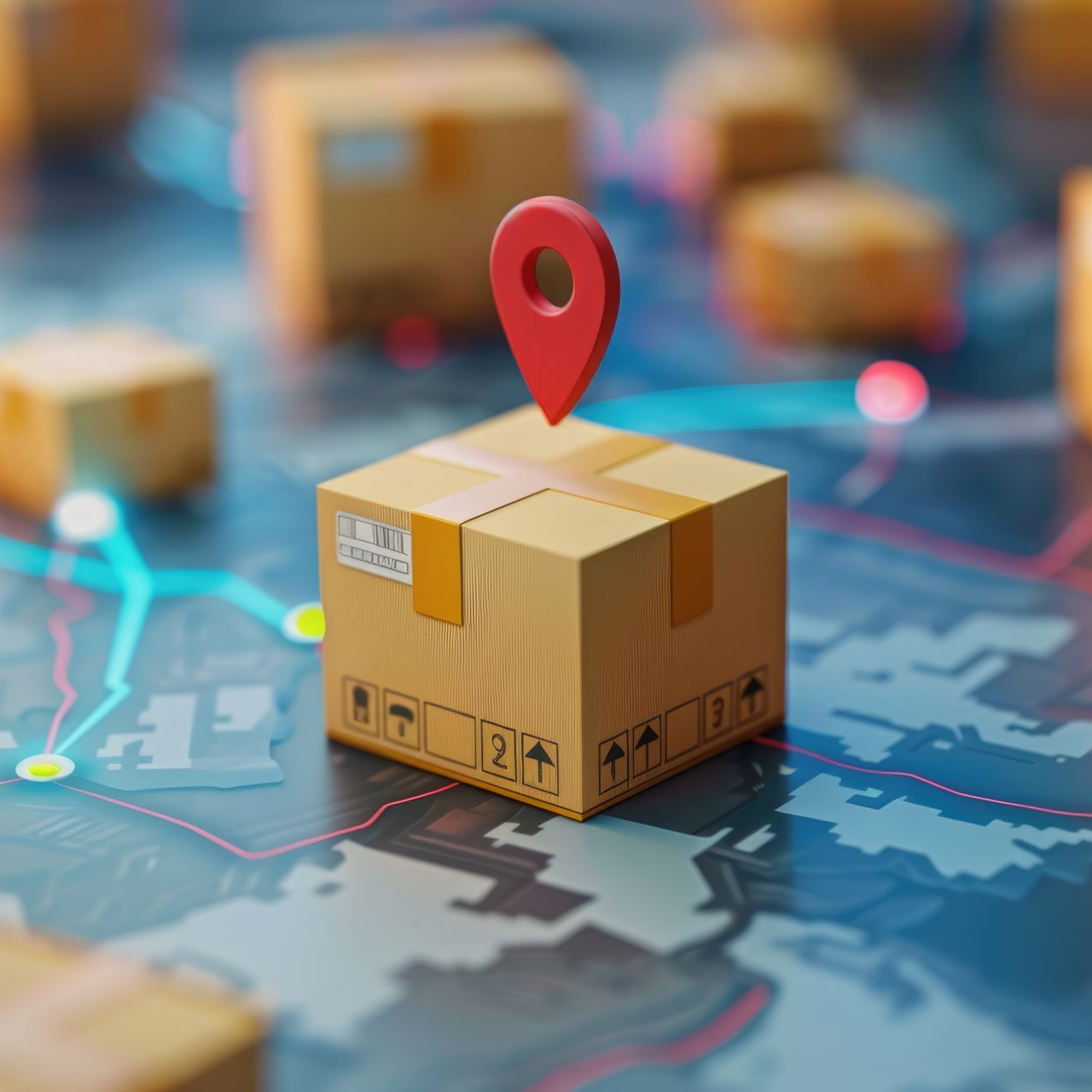 Boîte en carton avec un marqueur de localisation rouge sur une carte, entourée d'autres colis et de lignes numériques.